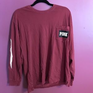 PINK maroon long sleeve shirt with PINK on sleeve